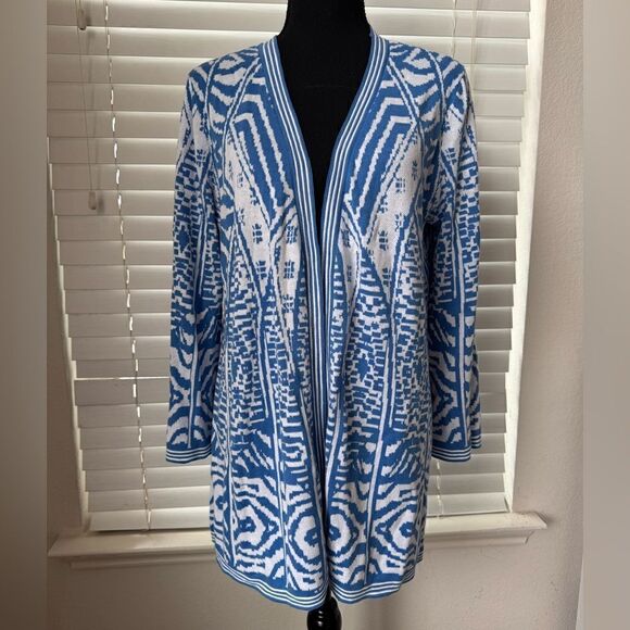 Sold‼️Soft Surroundings Siva Jacquard Open Front Cardigan Blue White Print Sz M - Picture 1 of 7